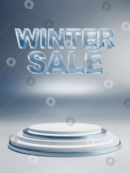 Скачать Текст зимней распродажи из прозрачного льда, застывший над пустым белым трехъярусным подиумом на градиентном фоне фотосток Ozero