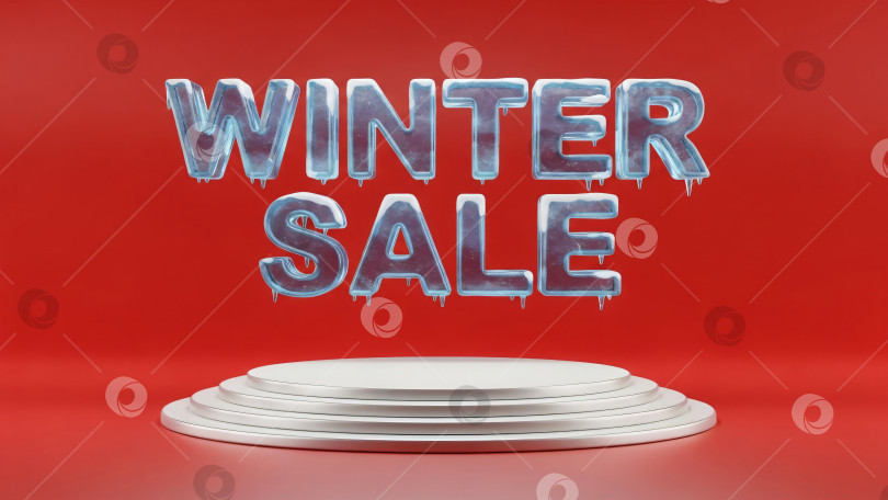 Скачать Ледяная надпись "Зимняя распродажа" на красном фоне с белым подиумом для демонстрации товара, шаблон баннера фотосток Ozero
