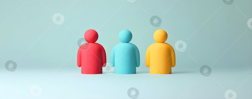Скачать Три разные абстрактные фигуры, стоящие рядом на синем фоне. Концептуальный шаблон баннера, символизирующий командную работу, разнообразие, вовлеченность и человеческие ресурсы для бизнес-презентации с возможностью копирования. фотосток Ozero