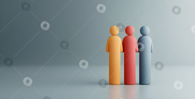 Скачать Три разные абстрактные фигуры, стоящие рядом на синем фоне. Концептуальный шаблон баннера, символизирующий командную работу, разнообразие, вовлеченность и человеческие ресурсы для бизнес-презентации с возможностью копирования. фотосток Ozero