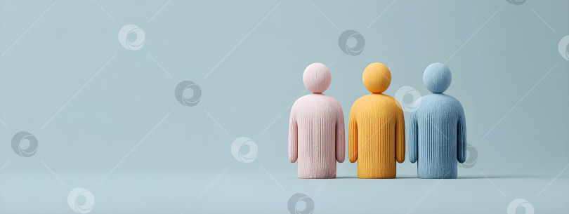 Скачать Три разные абстрактные фигуры, стоящие рядом на синем фоне. Концептуальный шаблон баннера, символизирующий командную работу, разнообразие, вовлеченность и человеческие ресурсы для бизнес-презентации с возможностью копирования. фотосток Ozero