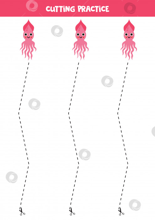 Скачать Упражнение по разделке для детей с милыми розовыми кальмарами. фотосток Ozero
