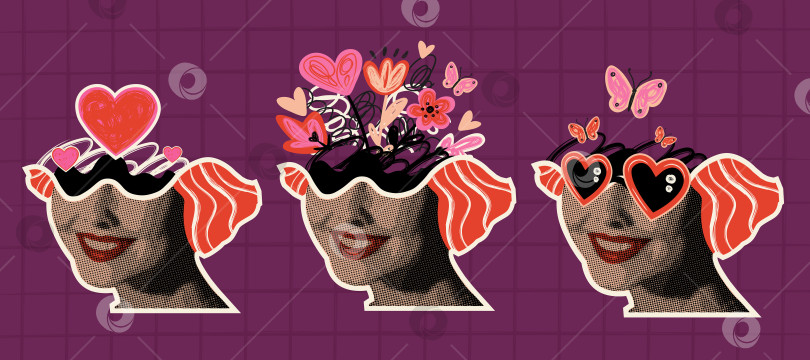 Скачать Женское лицо в ретро-коллажах на день Святого Валентина в полутонах. фотосток Ozero