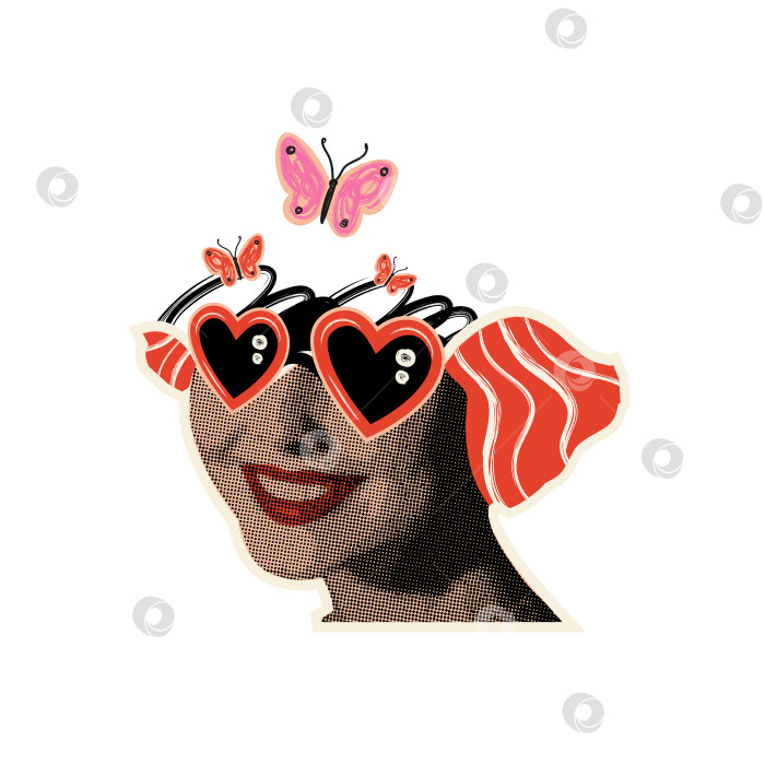 Скачать Ретро-наклейка с женским коллажем в полутонах и солнцезащитными очками в форме сердца. фотосток Ozero