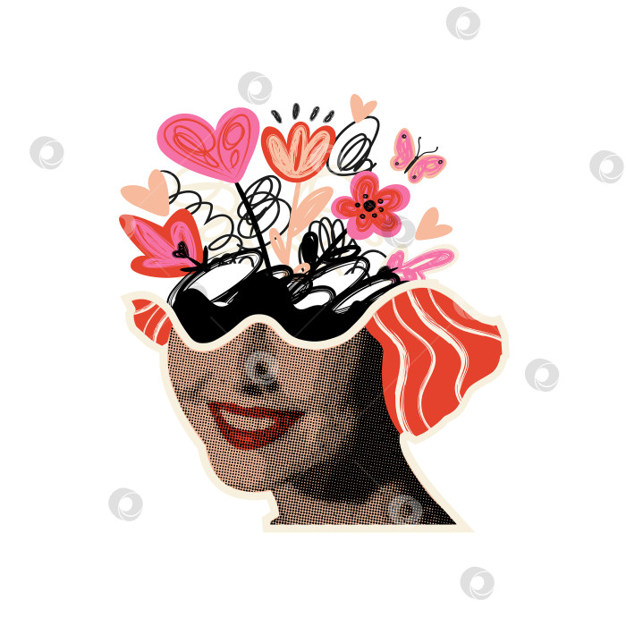 Скачать Женское лицо с цветами в стиле ретро-полутонового коллажа. фотосток Ozero