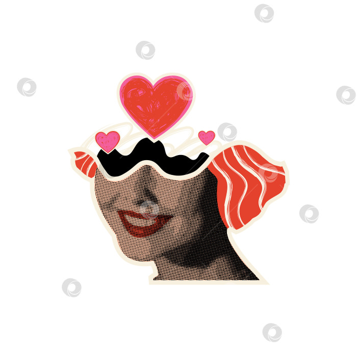 Скачать Наклейка с женским коллажем с ретро-дизайном лица в полутонах и нарисованными от руки сердечками. фотосток Ozero