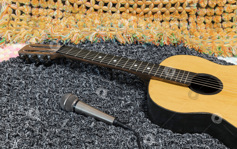 Скачать Акустическая ретро-гитара и микрофон для записи звука. фотосток Ozero