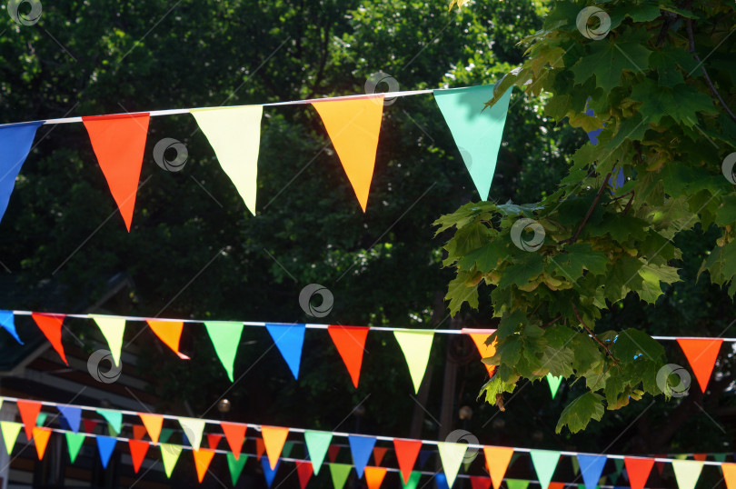 Скачать Гирлянда из разноцветных треугольных флажков на фоне зеленых деревьев фотосток Ozero