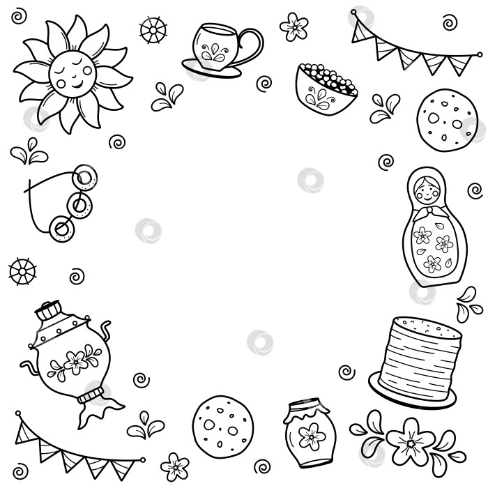 Скачать Масленица - традиционный праздник, отмечающий окончание зимы. Векторная иллюстрация с изображением блинов, самовара, матрешки, солнца, петушка. Масленица. фотосток Ozero