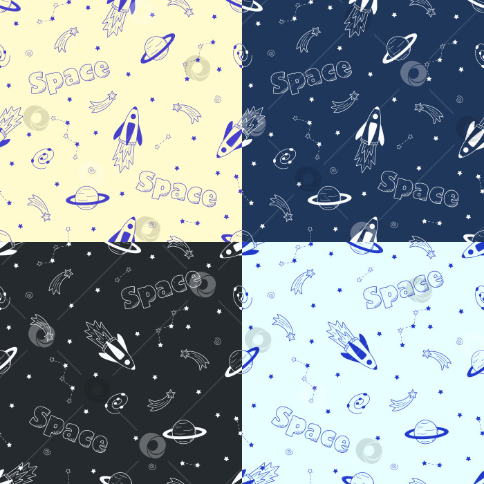 Скачать Набор бесшовных узоров из космических элементов ракета, космонавт, звезды, спутниковый телескоп, комета. Космический фон. Векторная иллюстрация для упаковки, текстиля. фотосток Ozero