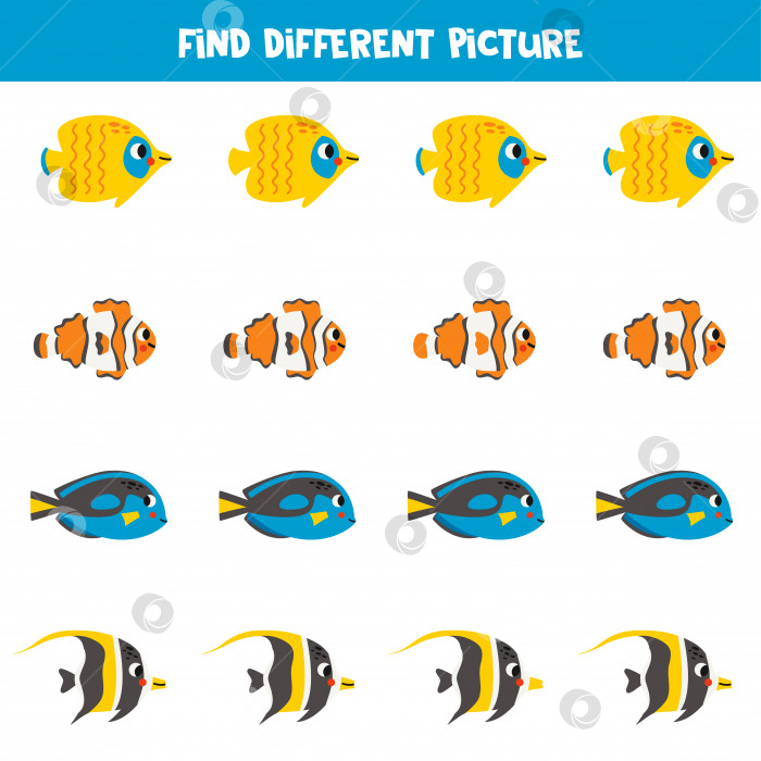Скачать Найдите разных морских рыб в каждом ряду. Логическая игра для детей дошкольного возраста. фотосток Ozero