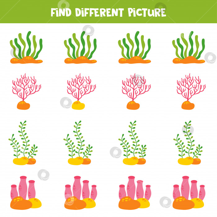 Скачать Найдите разные морские водоросли в каждом ряду. Логическая игра для детей дошкольного возраста. фотосток Ozero