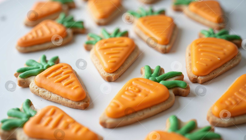 Скачать Красочное сахарное печенье в форме моркови с апельсиновой и зеленой глазурью на светлом фоне с возможностью копирования фотосток Ozero
