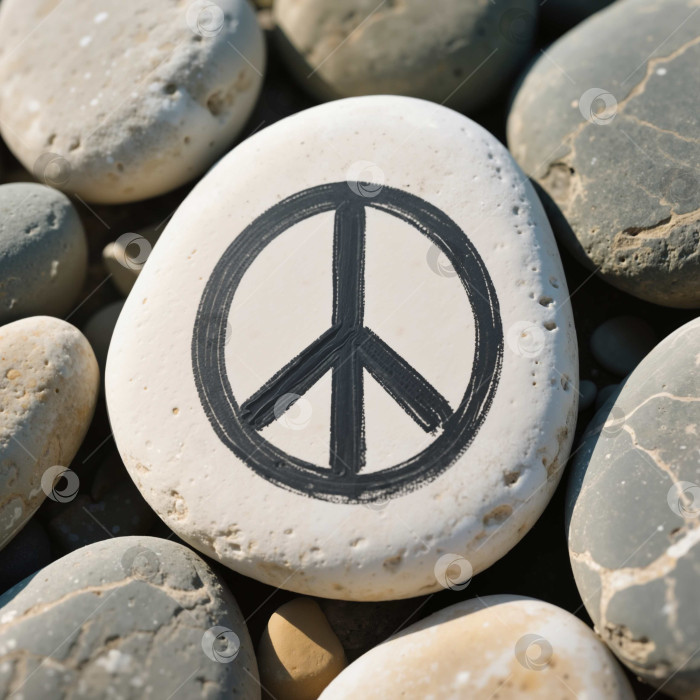 Скачать Черный знак мира, нарисованный от руки на гладком белом камне в окружении натуральной гальки для гармонии и вдохновения фотосток Ozero