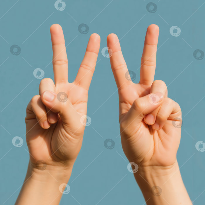 Скачать Две руки, показывающие знак победы на синем фоне для успеха и позитивной энергии фотосток Ozero