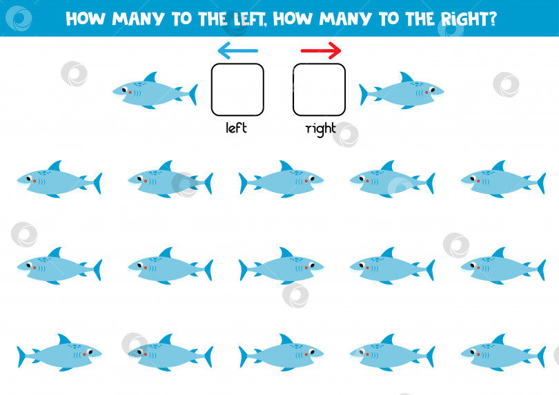 Скачать Влево или вправо с милой мультяшной акулой. Логический лист для дошкольников. фотосток Ozero