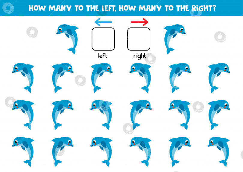 Скачать Влево или вправо с милым мультяшным дельфином. Логический лист для дошкольников. фотосток Ozero