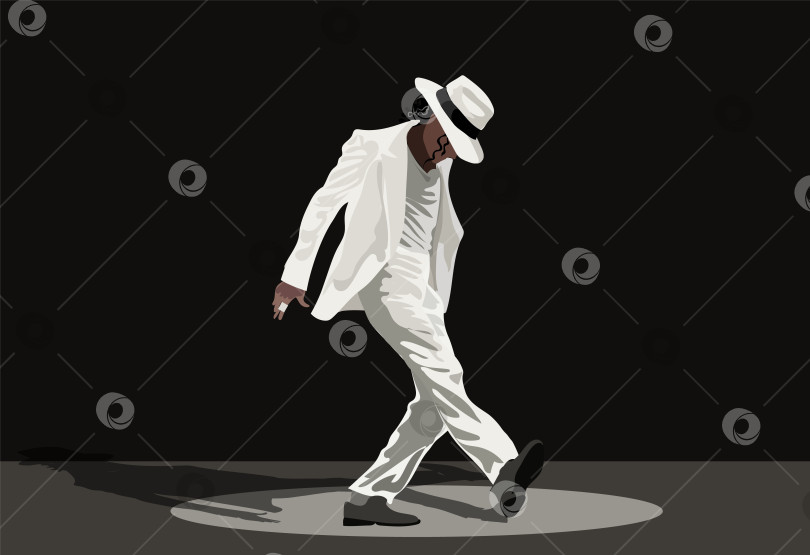 Скачать Танцор в белой одежде уверенно движется по сцене в лучах прожекторов. Сфокусированная обстановка усиливает энергетику выступления. Темный фон подчеркивает танцора. Король поп-музыки Майкл Джексон фотосток Ozero