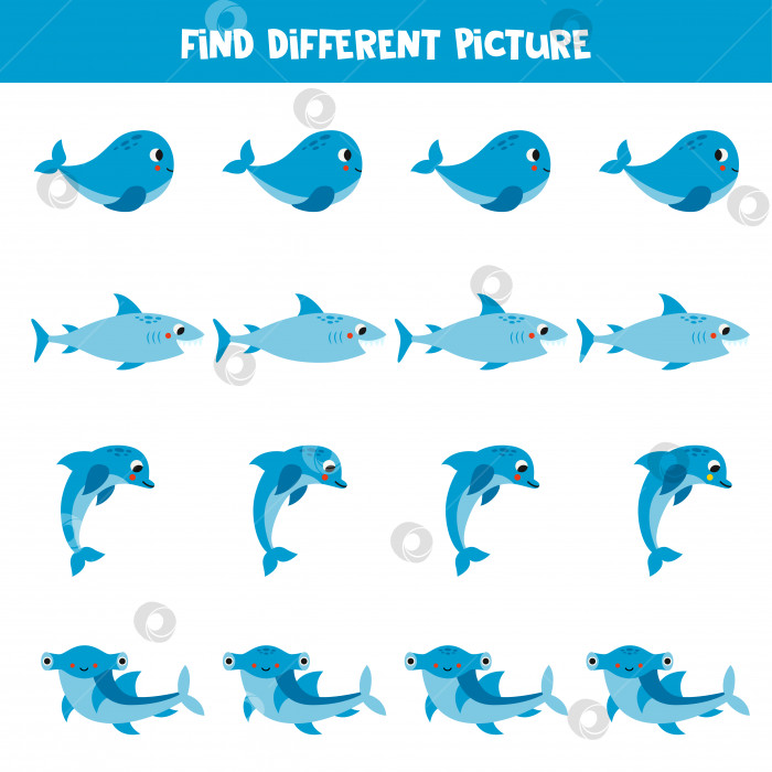 Скачать Найдите разных морских животных в каждом ряду. Логическая игра для детей дошкольного возраста. фотосток Ozero