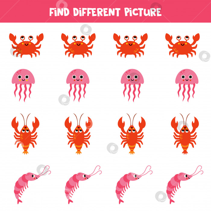 Скачать Найдите разных морских животных в каждом ряду. Логическая игра для детей дошкольного возраста. фотосток Ozero