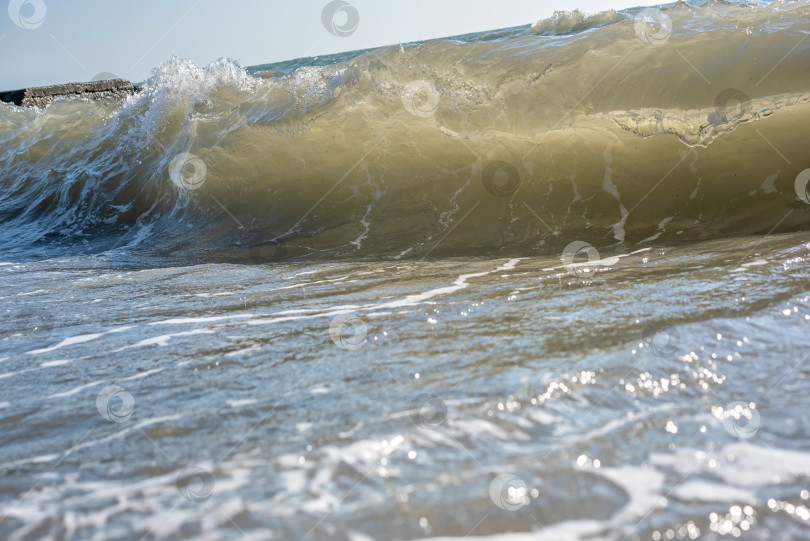 Скачать Большая волна, разбивающаяся о берег. Вода пенится и блестит на солнце. Видны брызги и пена. фотосток Ozero