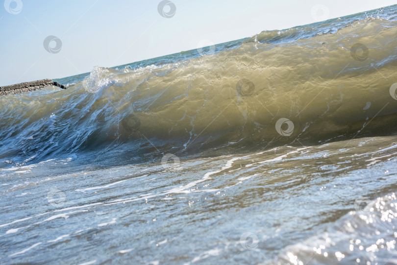 Скачать Большая волна, разбивающаяся о берег. Вода пенится и блестит на солнце. Видны брызги и пена. фотосток Ozero