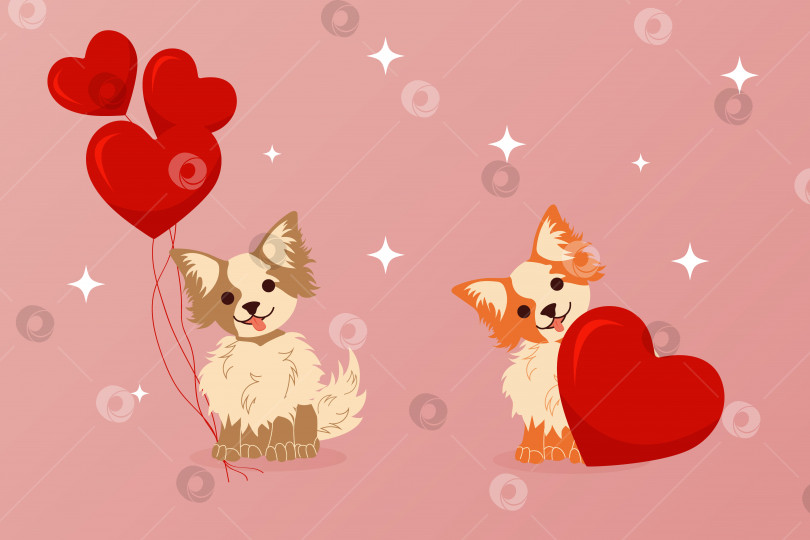 Скачать Домашние животные на день святого Валентина. Милые мультяшные собачки с воздушными шарами в форме сердца. фотосток Ozero