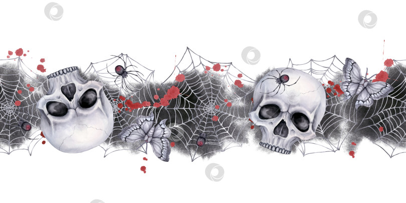 Скачать Бесшовный страшный горизонтальный узор с человеческими черепами, паутиной, пауками. фотосток Ozero