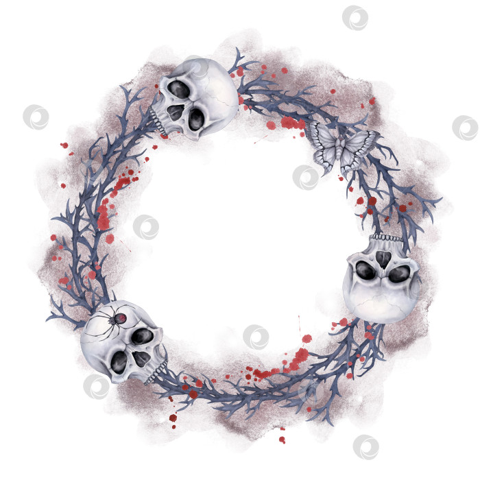 Скачать Круглая готическая рамка из колючих веток и черепов, брызги красных капель. фотосток Ozero
