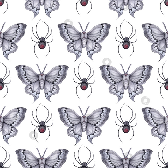 Скачать Бесшовный узор с бабочками и пауками на белом фоне. фотосток Ozero
