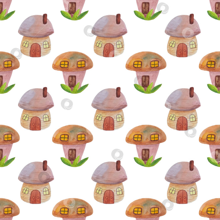 Скачать Бесшовный узор с мультяшными домиками в виде грибов на белом фоне. Нарисован акварелью вручную. Можно использовать для ткани, обложек, открыток, обоев, оберточной бумаги, скрапбукинга. фотосток Ozero