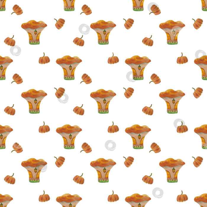 Скачать Бесшовный узор с грибными домиками и тыквами на белом фоне. Домики в виде грибов-лисичек. Нарисованы акварелью от руки. Детский узор для обоев или ткани. фотосток Ozero