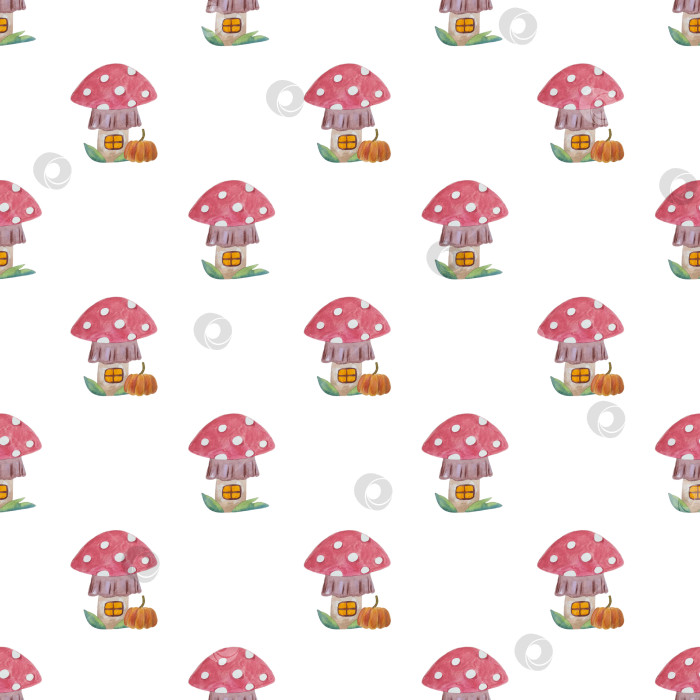 Скачать Мультяшные домики в виде мухомора на белом фоне. Бесшовные узоры. Иллюстрация выполнена вручную акварелью. фотосток Ozero