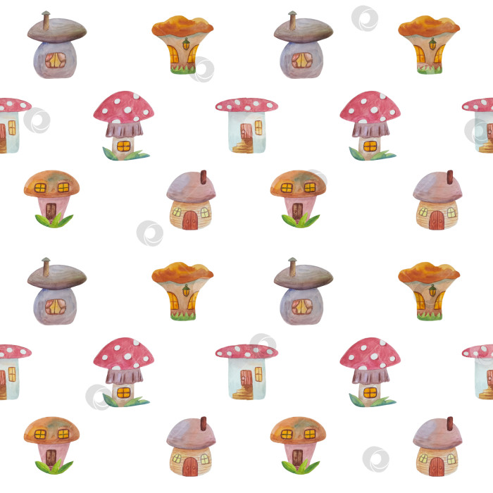 Скачать Бесшовный узор с грибными домиками на белом фоне. Домики в виде лисичек, мухоморов и других грибов. Нарисованы акварелью от руки. Детский узор для обоев или ткани фотосток Ozero
