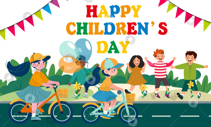 Скачать Шестеро веселых ребятишек катаются и играют на свежем воздухе в День защиты детей. Яркая праздничная сцена, полная радости и движения. фотосток Ozero