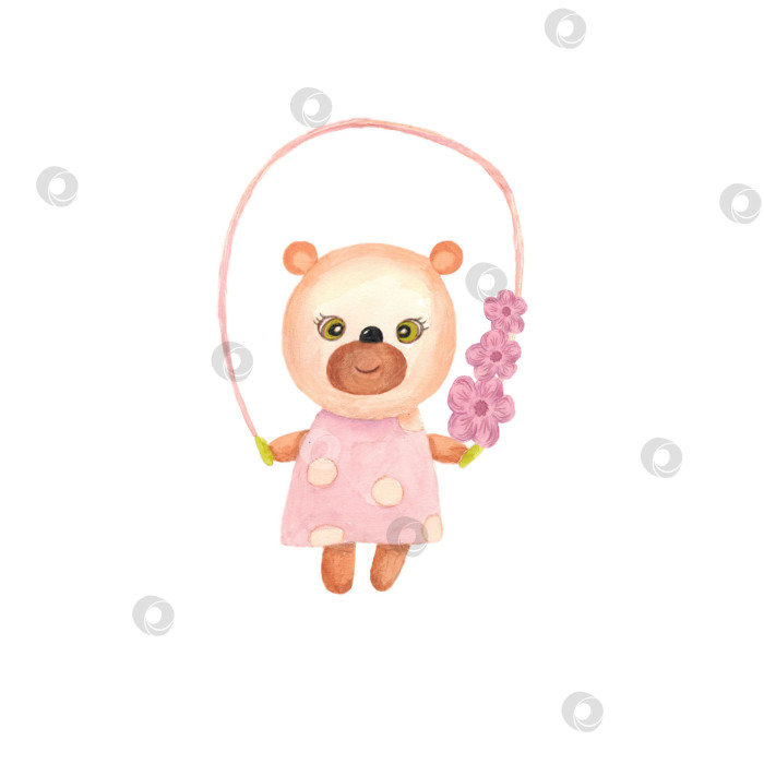 Скачать Медвежонок с цветами прыгает на скакалке. Детская иллюстрация, выполненная акварелью от руки. Картинка на белом фоне. Ее можно использовать для создания открыток, плакатов и наклеек. фотосток Ozero