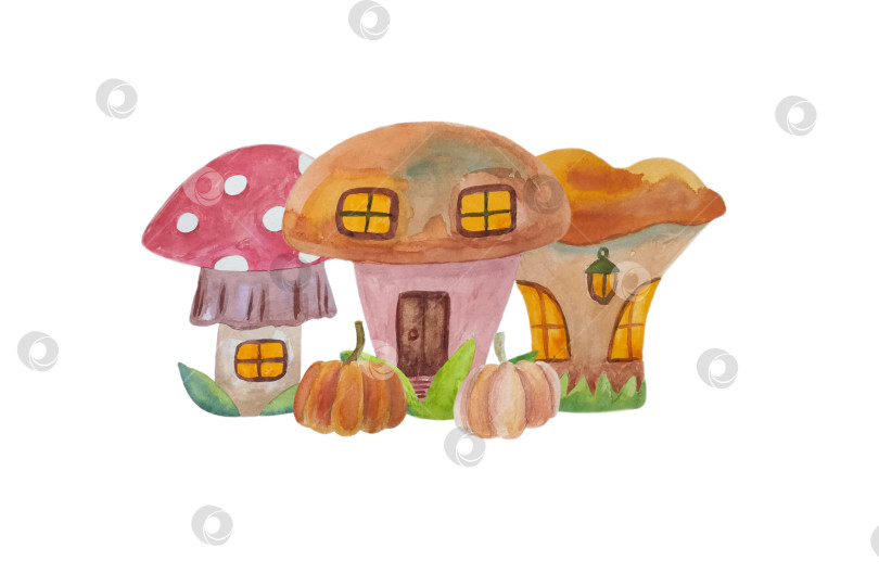 Скачать Детская иллюстрация с грибными домиками. Нарисовано вручную акварелью. Объект выделен на белом фоне. фотосток Ozero