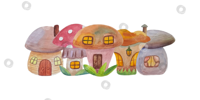 Скачать Иллюстрация с домиками в виде грибов на белом фоне. Нарисована вручную акварелью. фотосток Ozero