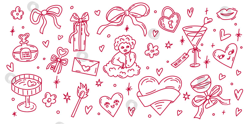 Скачать Набор для рисования на день Святого Валентина с романтическими сердечками, бантиками, подарками и милой иллюстрацией Купидона фотосток Ozero