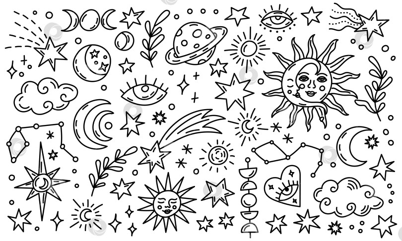 Скачать Космический рисунок со звездами, планетами, лунами и мистическими небесными символами фотосток Ozero