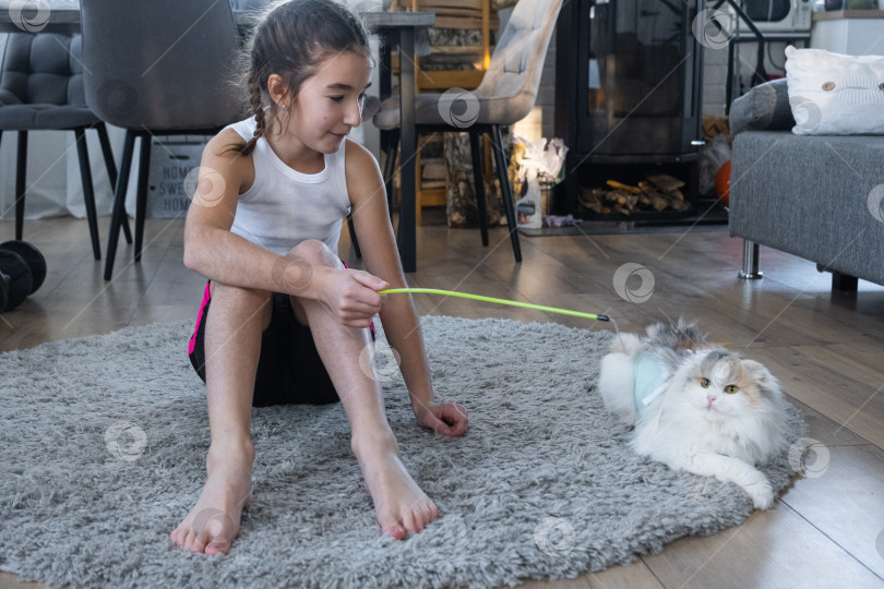 Скачать Девочка играет с домашней кошкой на ковре с удочкой с червяком фотосток Ozero