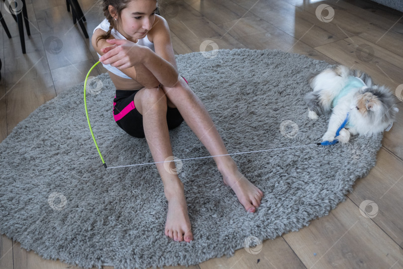Скачать Девочка играет с домашней кошкой на ковре с удочкой с червяком фотосток Ozero