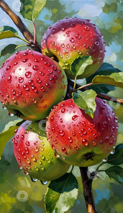 Скачать Ветвь с яблоками в каплях воды. Масляная живопись. фотосток Ozero