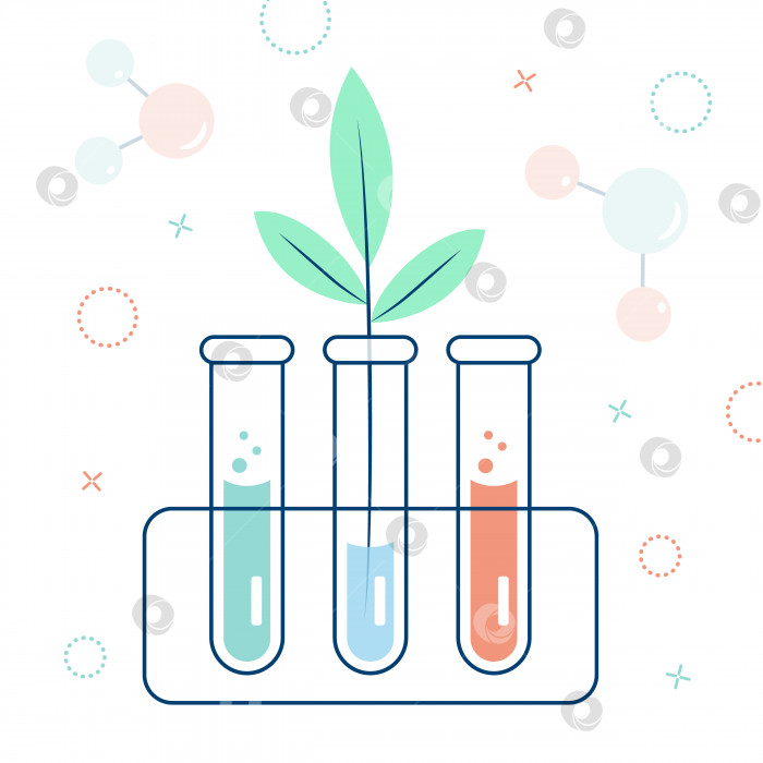 Скачать Пробирки с растворами и пробирка с ростком растения. лабораторный анализ, исследования в области химии или биологии. фотосток Ozero