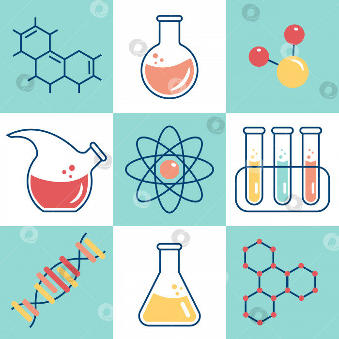 Скачать Набор значков химические вещества, химия, лаборатория, банки, мензурки, колбы -элементы молекулы. Векторная иллюстрация фотосток Ozero