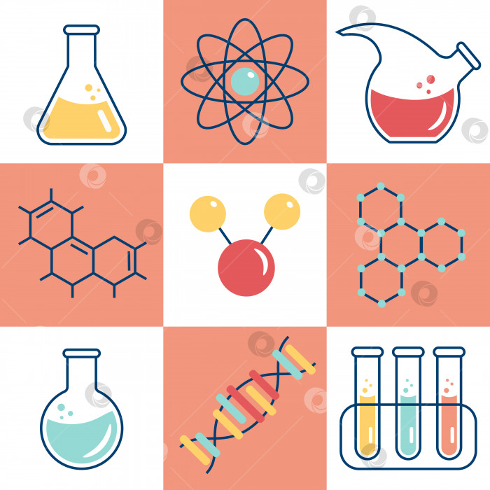 Скачать Набор значков химические вещества, химия, лаборатория, банки, мензурки, колбы -элементы молекулы. Векторная иллюстрация фотосток Ozero