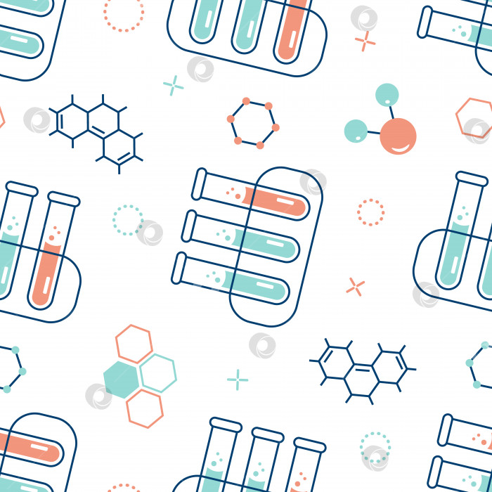 Скачать Бесшовный узор на тему химии с колбами, пробирками, молекулами фотосток Ozero