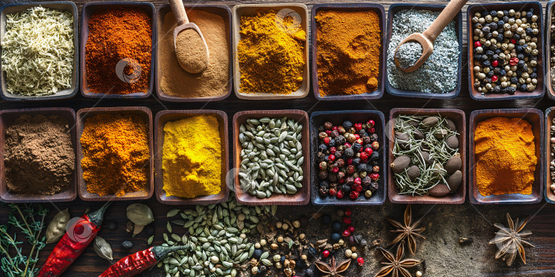 Скачать Набор специй со всего мира. Концепция для рекламы магазинов, ресторанов и путешествий. Сухие ингредиенты для приготовления пищи. фотосток Ozero