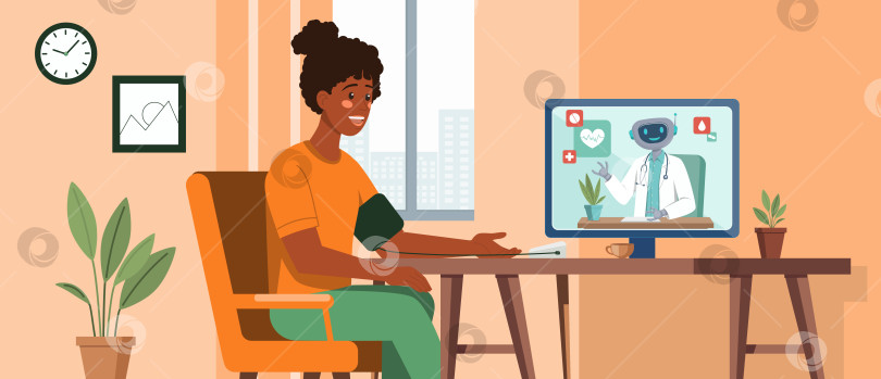 Скачать Темнокожая женщина использует телемедицину с помощью робота-врача Онлайн фотосток Ozero