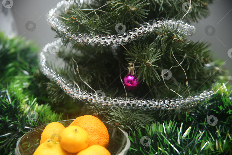 Скачать Новогодняя елка, мандарины и мишура фотосток Ozero